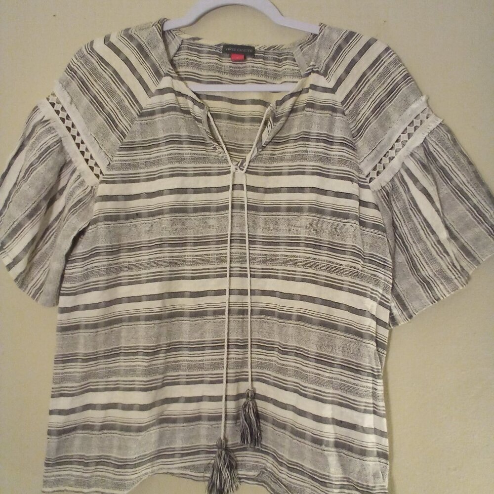 Vince Camuto Blouse Women S Short Bell Sleeve Tassel Boho Stripe Gray White
